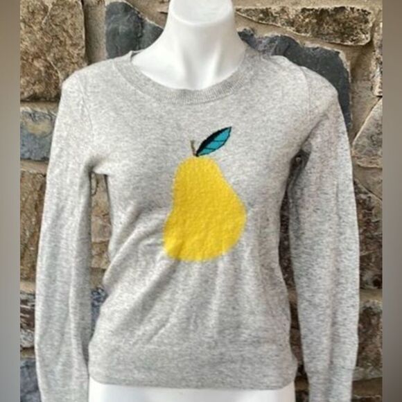 J Crew Pear Sweater Gray Yellow Fruit Intarsia Knitwear Jumper Pullover XS - Picture 3 of 7